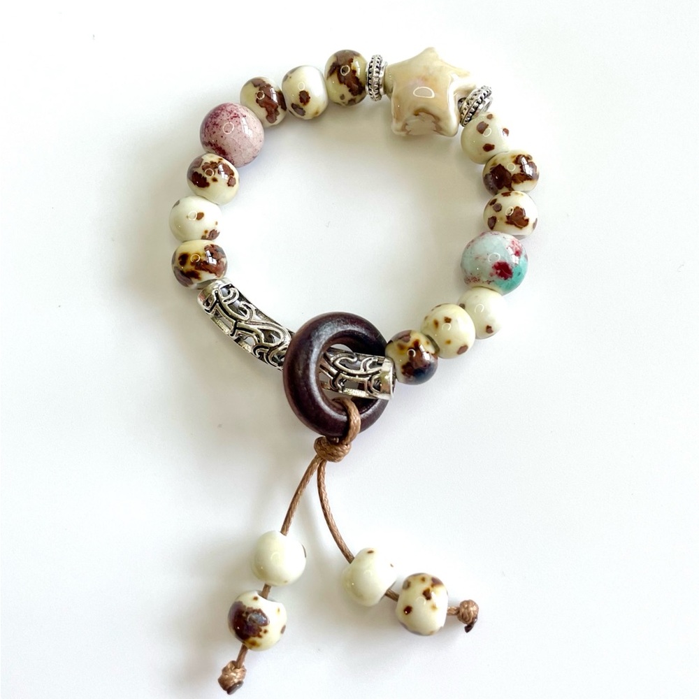 Handmade Cream and Brown Beaded Bracelet with Silver Accents